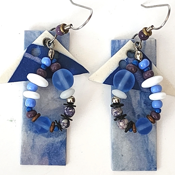 2 Pair FIMO Clay Abstract Earrings Blue Green Vintage Bundle - Picture 6 of 9